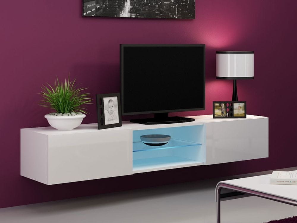 Veneti Televízny stolík so sklenenou poličkou a LED modrým osvetlením ASHTON - biely / lesklý biely